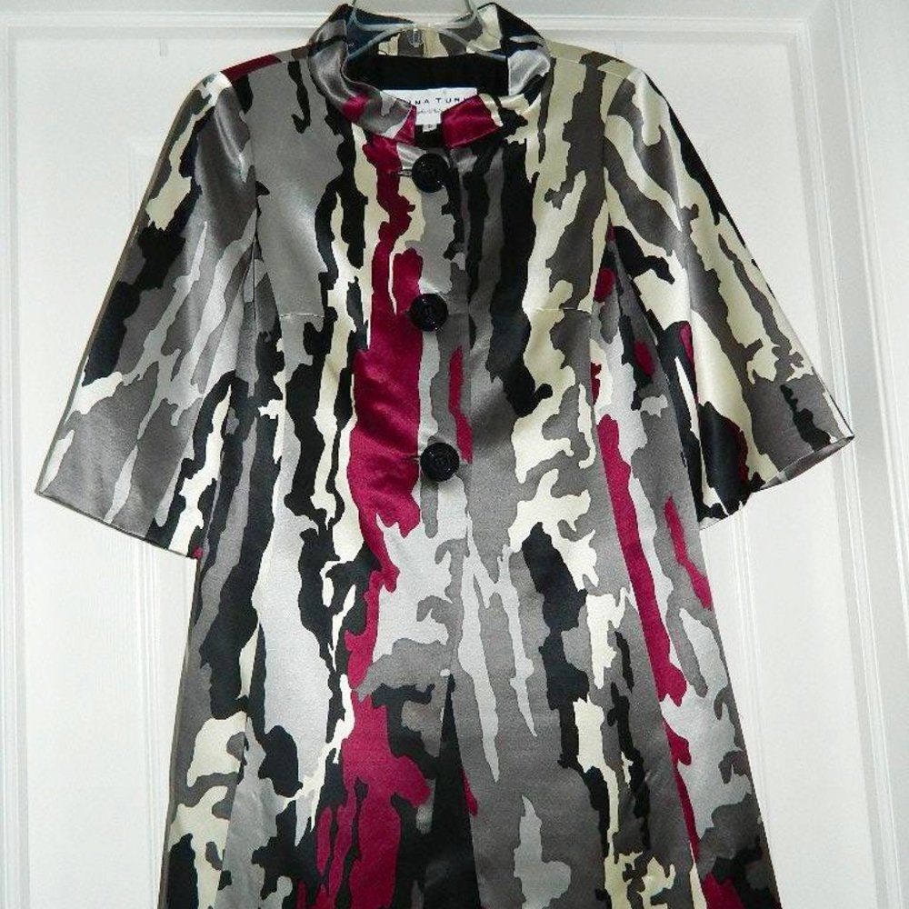 Trina Turk Grey & Magenta Wool/Silk Jacket Duster Coat 3/4 Sleeves , Size Small